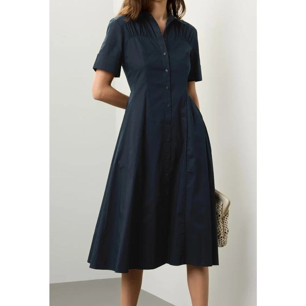 Club Monaco Poplin Navy Blue Midi Short Sleeve Shirt Dress - size 12